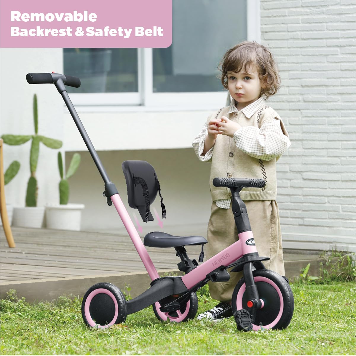 newyoo Toddler Tricycle TR007, Large Pink Bike with Push Handle, Backrest & Safety Belt for 1-3 Year Olds