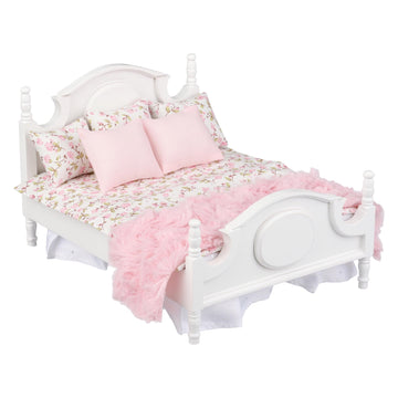 Dollhouse Furniture Mini Bed Set, Realistic Bedroom Accessories For 6 Inch Dolls, Pillow, Wooden Frame, 1/12 Scale (White Bed, Pink Bedding)