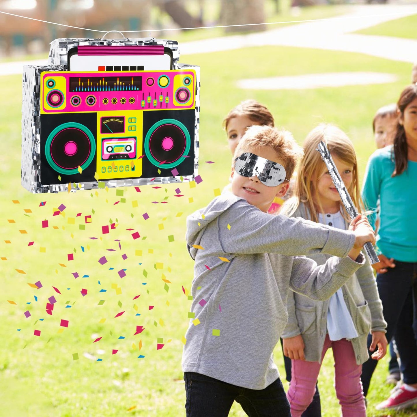 Hooqict Boombox Pinata - Retro 90s Theme Radio Music, Multicolored, Cardstock, Perfect for Birthday Party Games