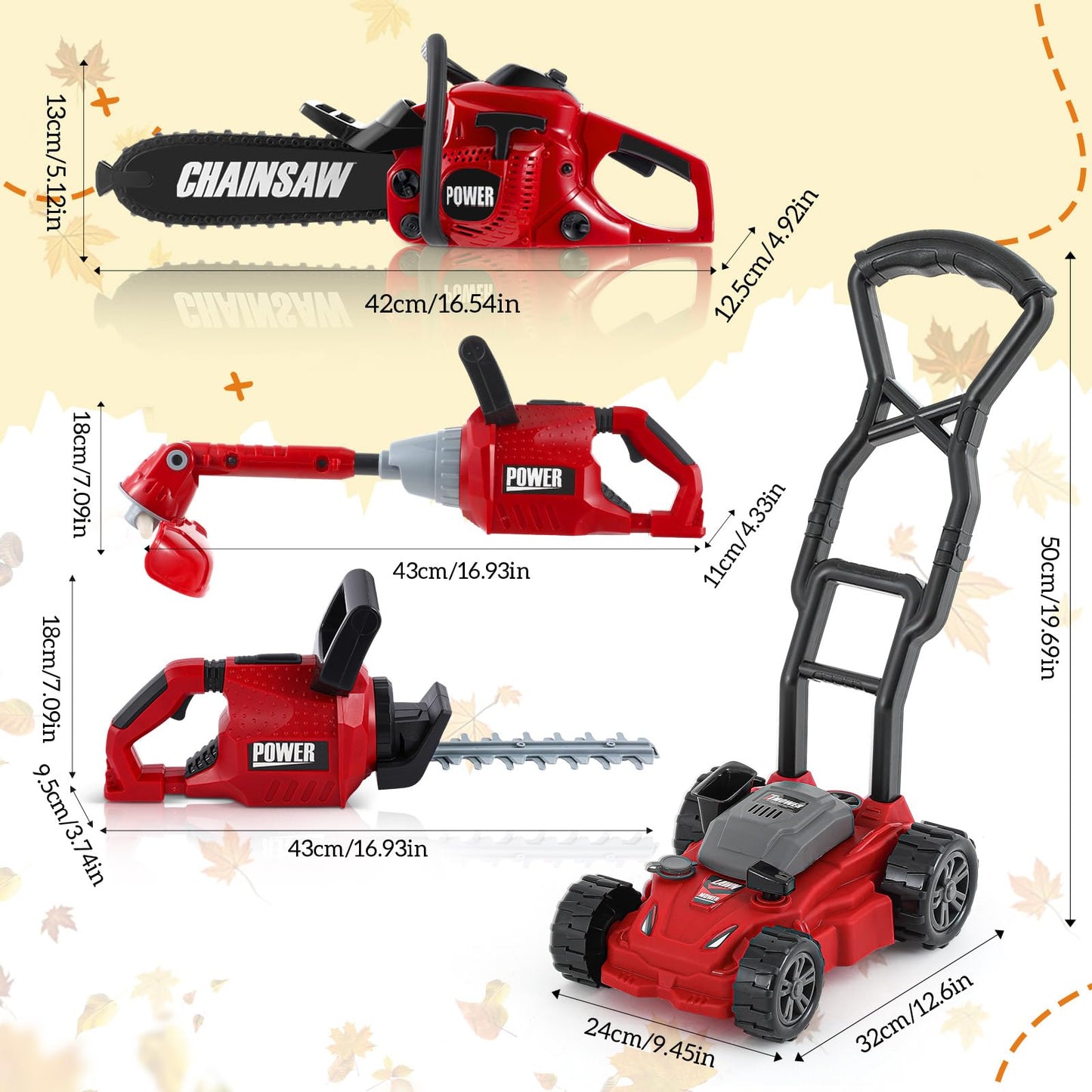 Arrowbash 4 Pcs Toy Gardening Tool Set for Kids Toy  Trimmer Chainsaw Hedge Trimmer Push Lawn Mower Battery Role Play Set Christmas Birthday Party Gift for Boys Girls