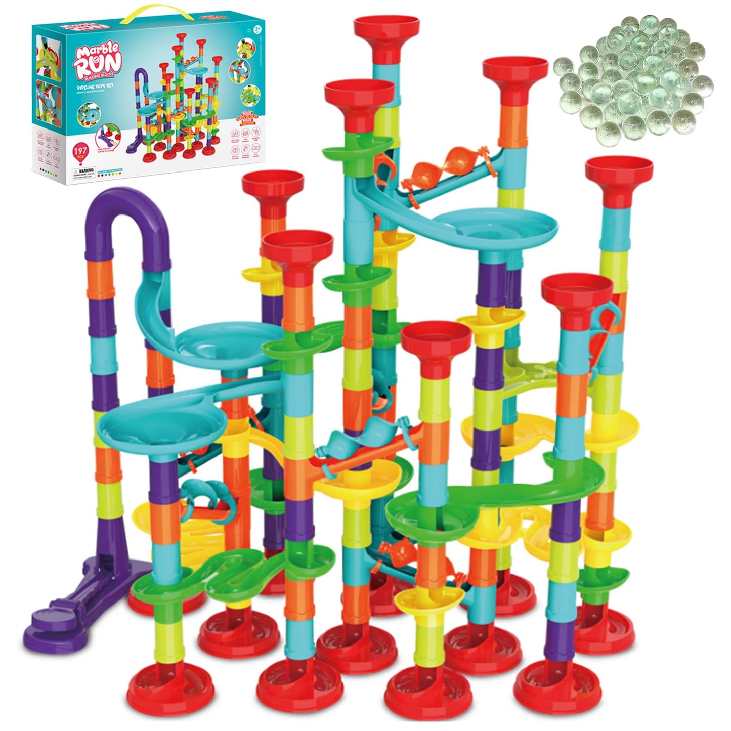 ailixinda 197 PCS Marble Run enhanced Set STEM Educational Building Block Toy Marble Track Race Set with 50 Glass Marbles for Boys & Girls Marble Maze Game Construction Building Blocks Toys for Kids