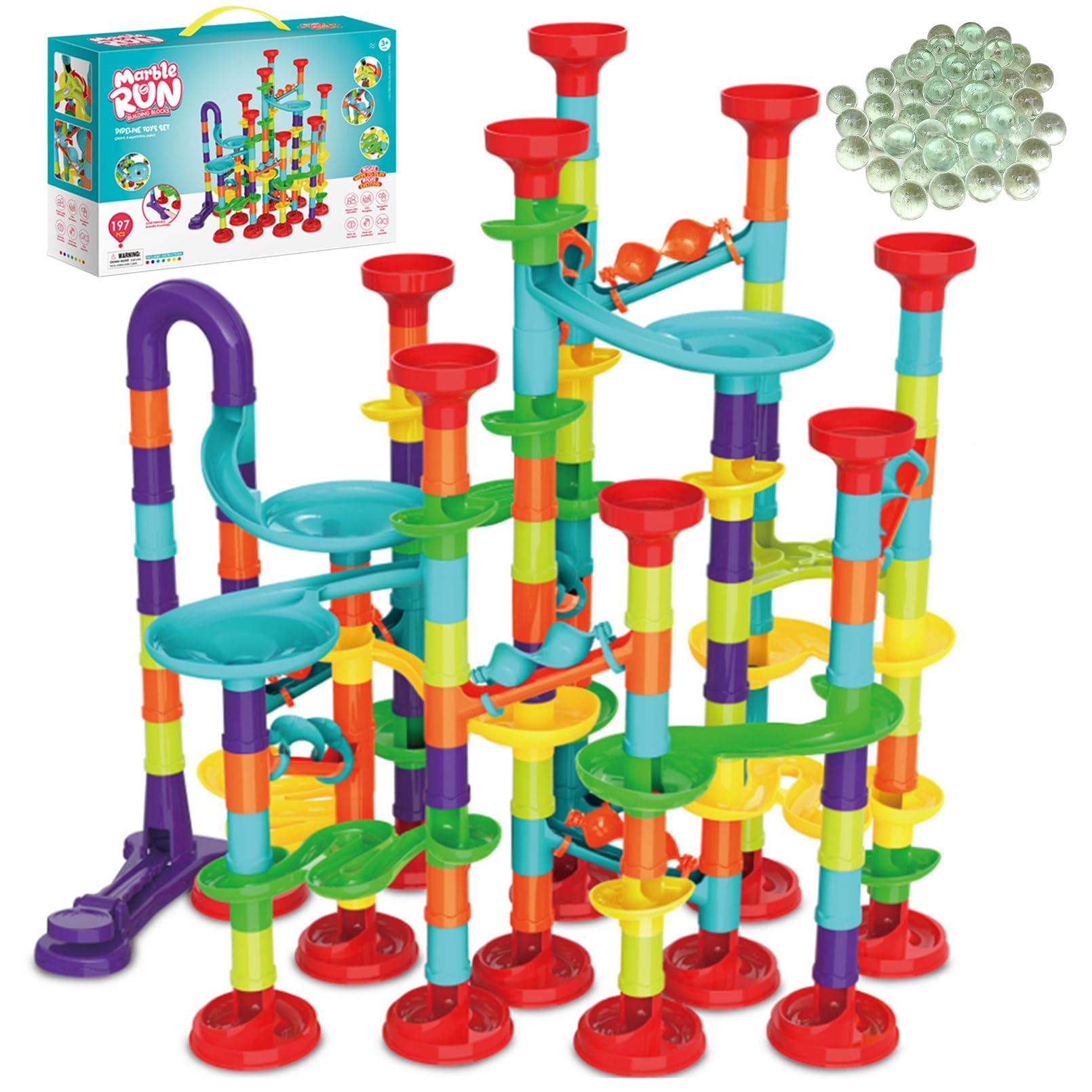 ailixinda 197 PCS Marble Run enhanced Set STEM Educational Building Block Toy Marble Track Race Set with 50 Glass Marbles for Boys & Girls Marble Maze Game Construction Building Blocks Toys for Kids