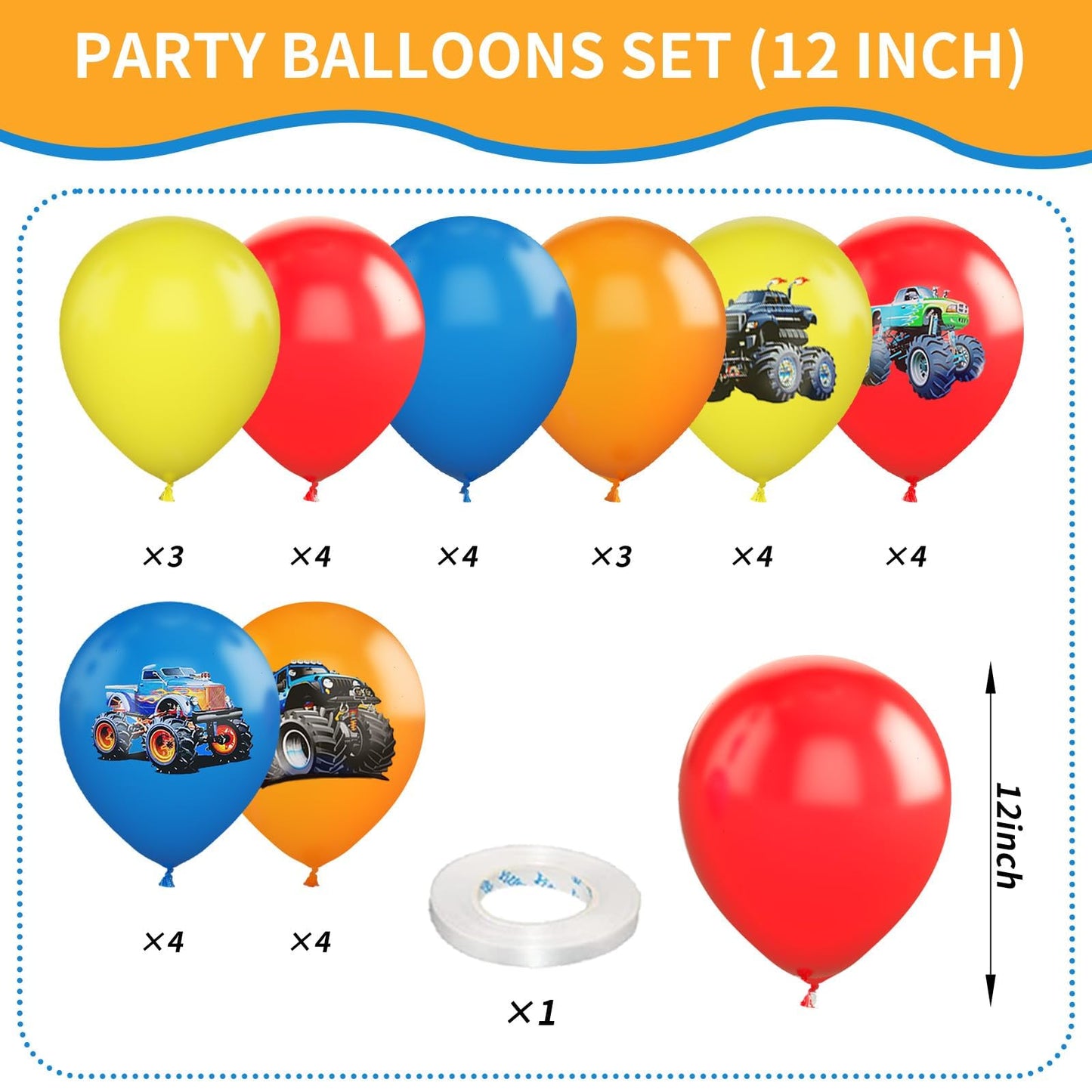 Monster Truck Balloons, 12 Inch Red Yellow Blue Orange Balloons Colorful Truck Theme Printed Latex Balloon Bouquet For Kids Boys