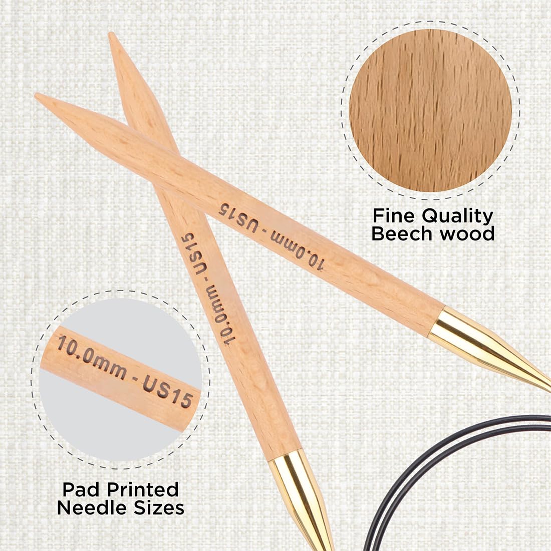 KNITPRO 80 cm x 10 mm Basix Fixed Circular Needles, Birch