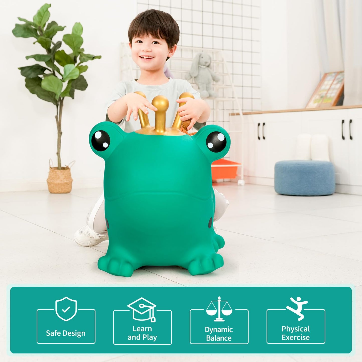 Inpany Green Frog Bouncy Hopper Toys, Toddlers Cute Bouncing Animal Figurine Toys, Sage Green Birthday Party Decorations, Ride On Rubber Bouncer, Outdoor Indoor Baby Gifts For 2 3 4 Year Old Girl Boy