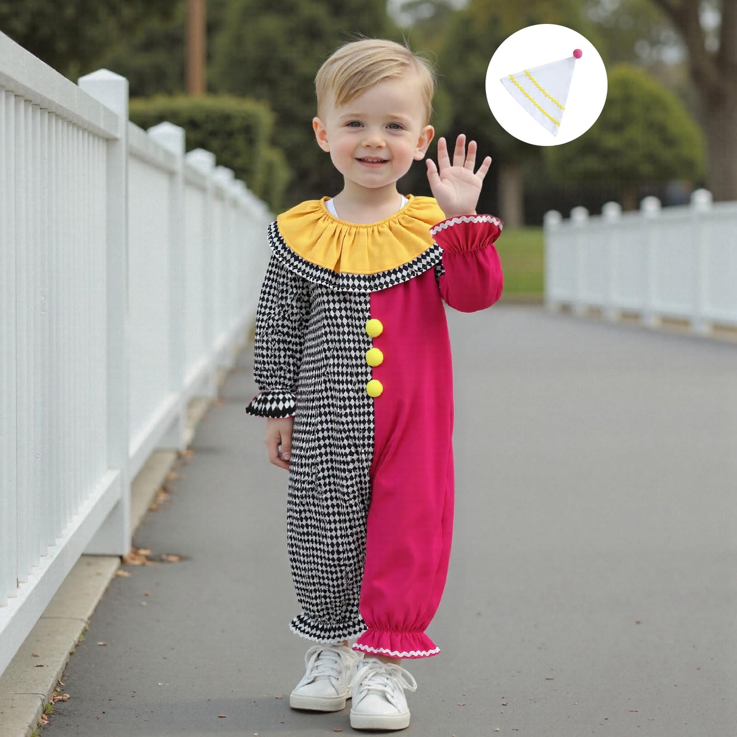 Aiwpstoin Toddler Baby Clown Costume Boy Girl Funny Halloween Outfit Contrast Color Long Sleeve Jumpsuit with Hat (Black, 6-12 M