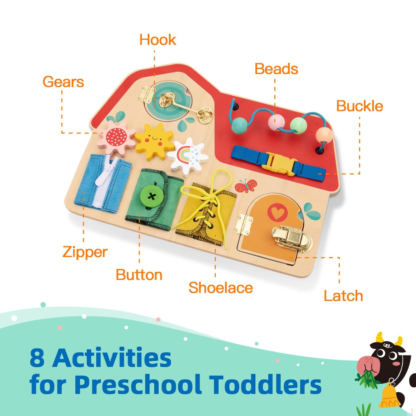 Tookyland Wooden Busy Board - Montessori Activity Board, Preschool Learning Sensory Toy For Kids 3 Years Old +