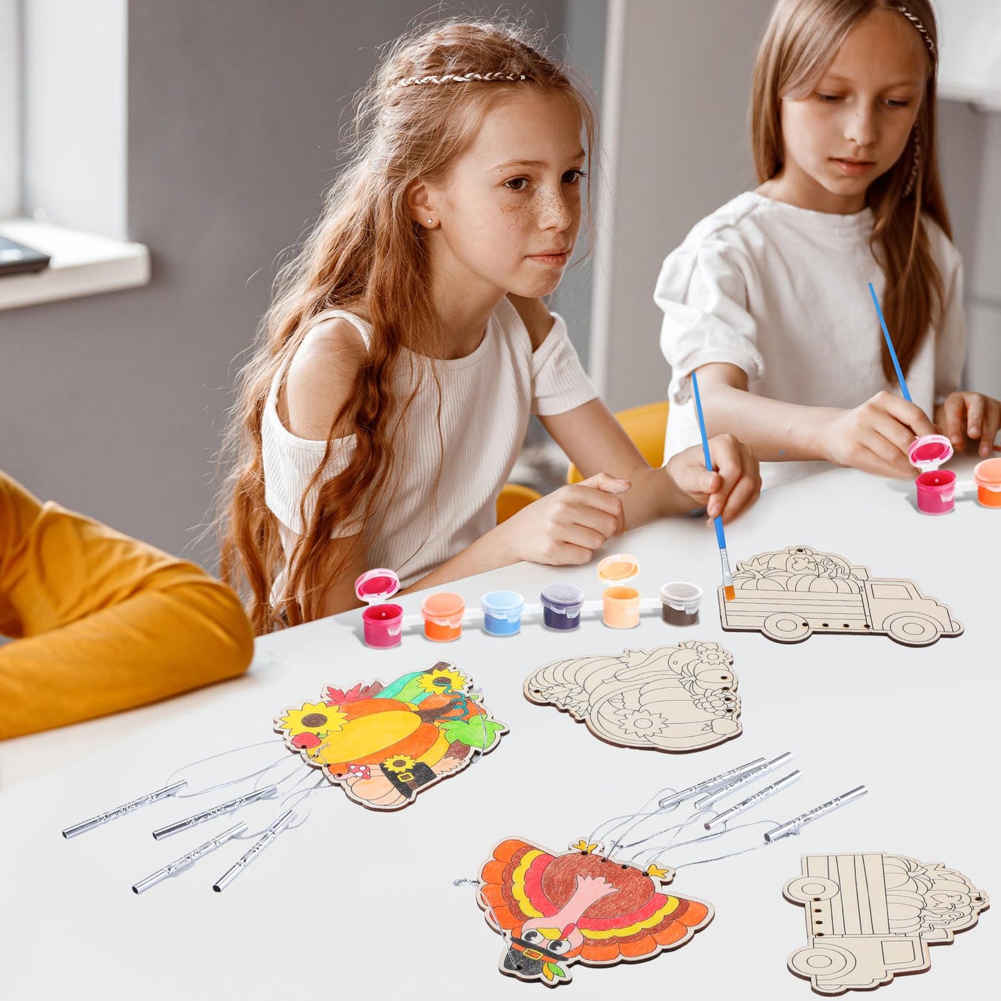 Silipull 24 Sets Thanksgiving Wind Chimes Crafts for Kids Make Your Own Wooden Wind Chime DIY Coloring Hanging Pumpkin Turkey Ar
