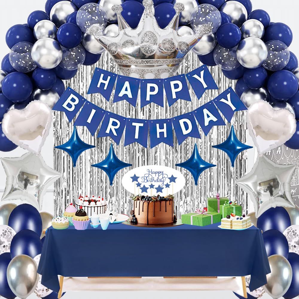 Navy Blue Happy Birthday Party Decorations Set for Men Boys Women Girls, Banner, Crown Balloon, Fringe Curtains, Cake Topper,tab
