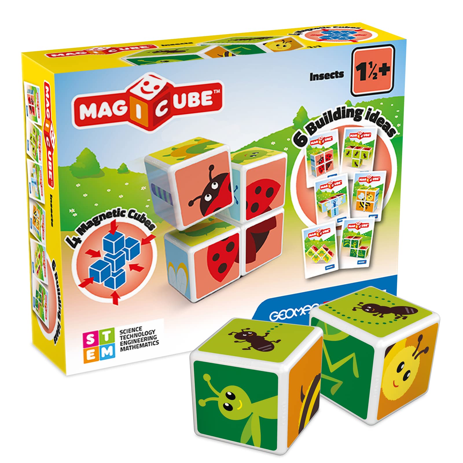 Geomag Magicube Small Animals 4-Piece Magnetic Stacking Cubes Building Set, Toddlers & Kids Ages 1.5+, Stem Educational Toy, Swiss-Made, Creativity, Imagination, Learning, 6 Adorable Building Ideas