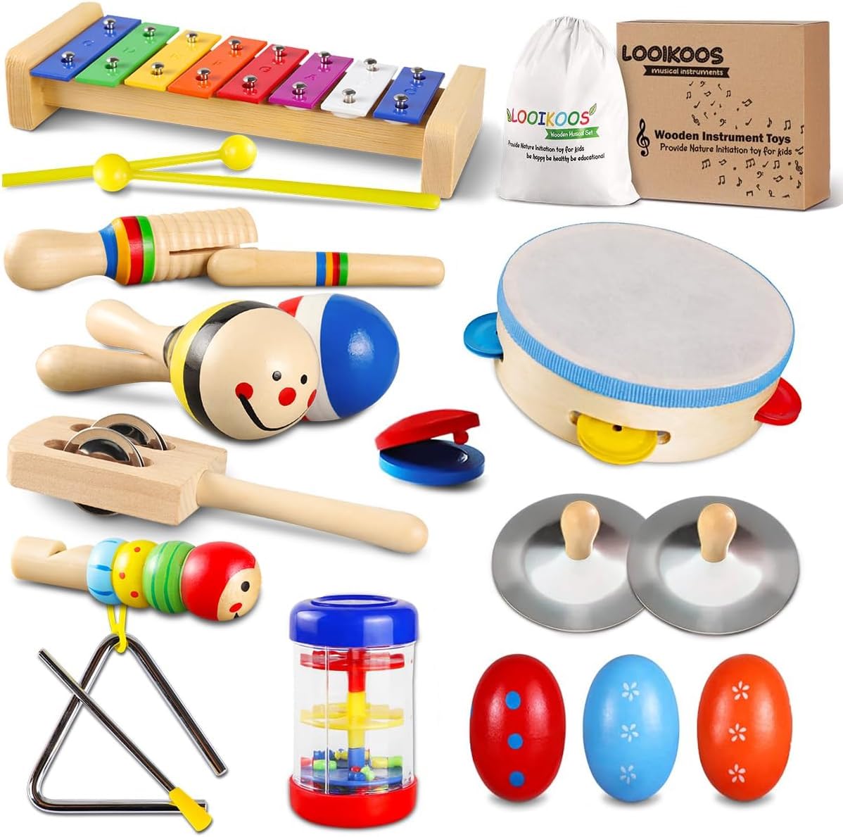 Looikoos Toddler Musical Instruments Set Wooden Percussion Instruments Xylophone Toy For Kids Montessori Toys For 1 Year Old Boys Girls With Maracas Easter Eggs
