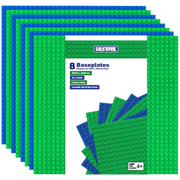 Bestoyz Building Bricks Baseplates Multipack, 32X32 Stud, 8 Pack Of Base Plates In Blue & Green, Base For Building Blocks Creations, 10X10 In. (25.5X25.5 Cm)