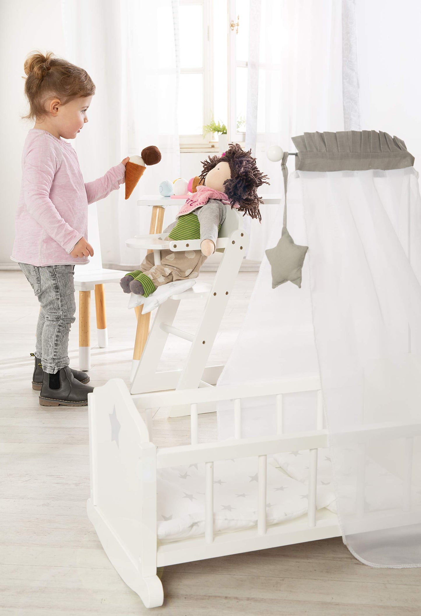 Roba Doll Cradle Set: Stella - Star, Gray & White - Includes Hanging Mobile, Pillow, Blanket & Canopy, Children'S Pretend Play, Ages 3+