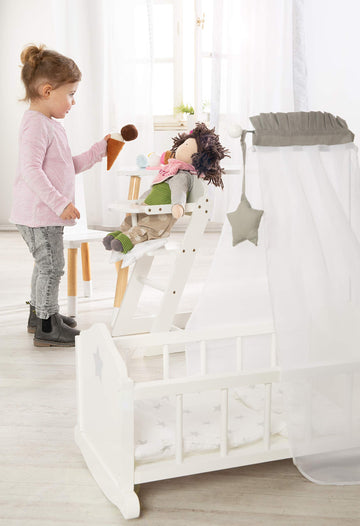 Roba Doll Cradle Set: Stella - Star, Gray & White - Includes Hanging Mobile, Pillow, Blanket & Canopy, Children'S Pretend Play, Ages 3+