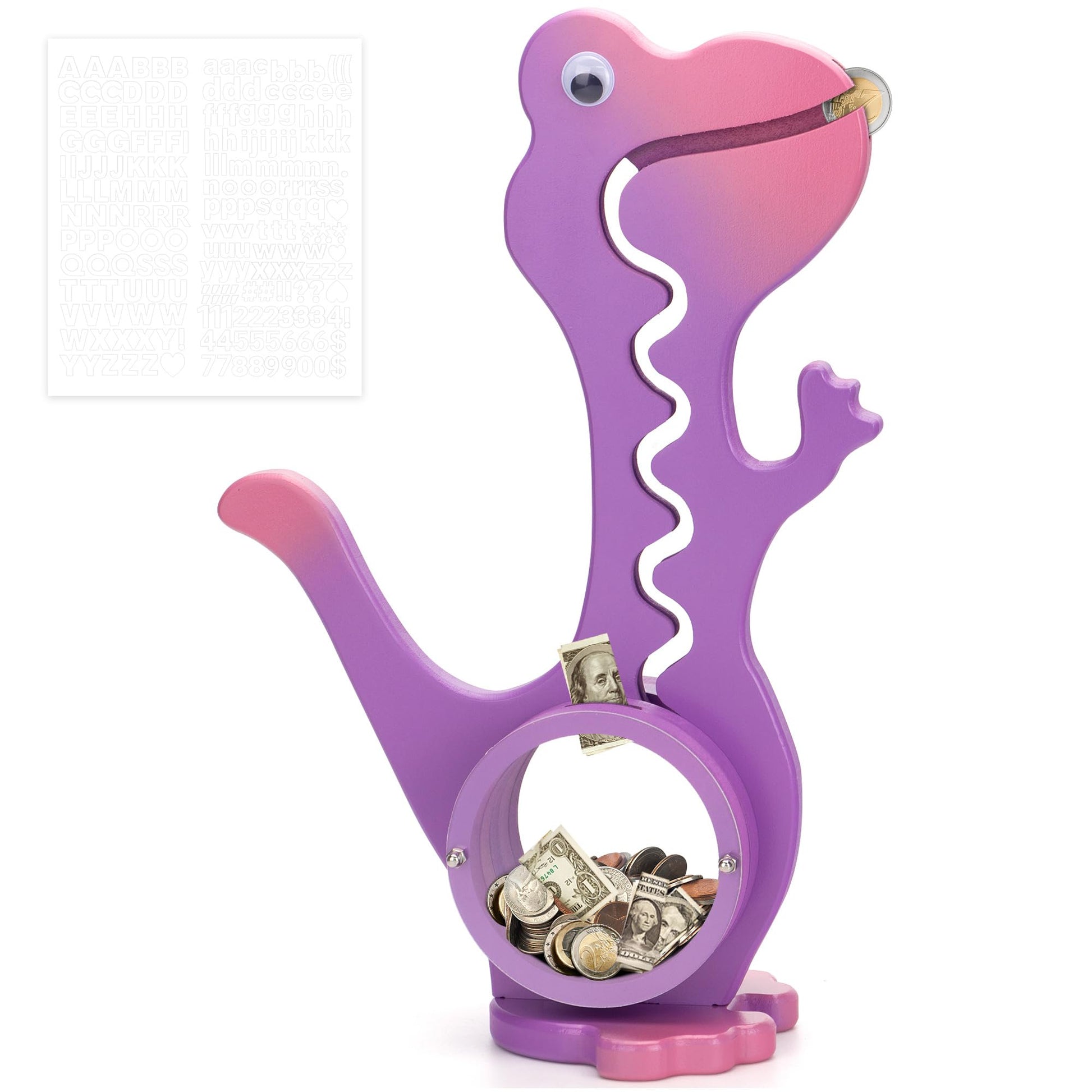 AORCMITN Wooden Dinosaur Piggy Bank Boalord for Boys Kids Girls Clear Big Belly Animal Coin Bank for Toddler Real Money Toy(Dino
