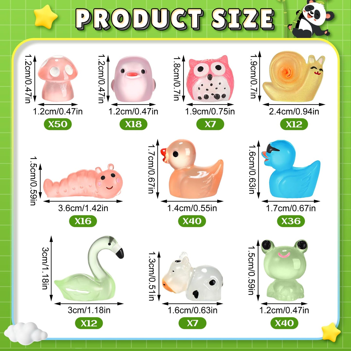 Seenelling 240 Pcs Mini Resin Animals Miniature Luminous Animals Ducks Mushrooms Owls Flamingos Tiny Glow in The Dark Figures fo
