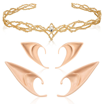 FRESHME Fairy Ears with Elf Crown Set 2 Pairs Soft Elf Ears with Gold Fairy Crown Set Pixie Headband Headpiece Kit Cosplay Costu