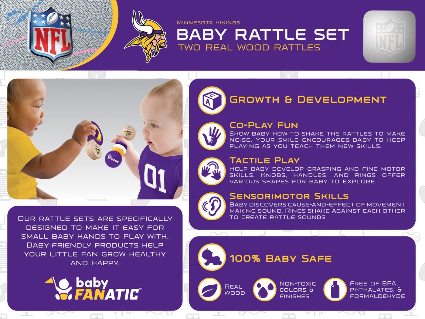 Baby Fanatic NFL Minnesota Vikings Wood Rattle 2 Pack - Official Baby Toy Set, Multicolor