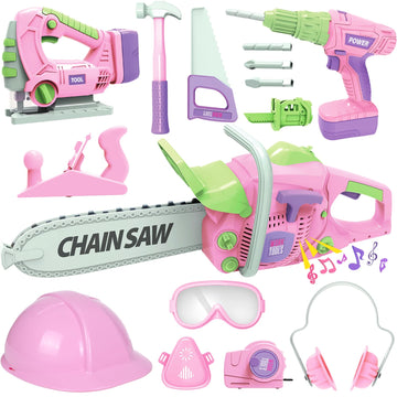 Kids Tool Set for Girls - Toddler Tool Set with Toy Chainsaw, Electric Toy Drill, Pretend Play Construction Tools Toy Gifts for