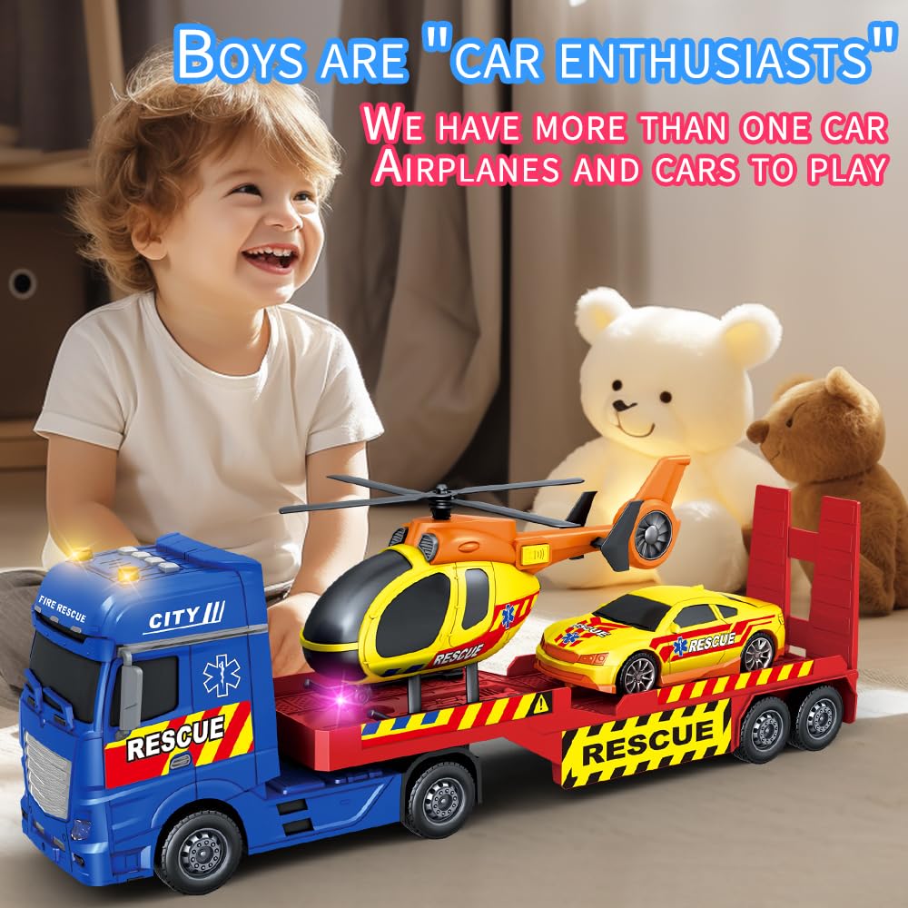 ANJARU 25'' Rescue Tow Truck with Racing Car and Helicopter for Toddlers Lights & Sounds Birthday Gift for 3-6 Years Boys and Gi