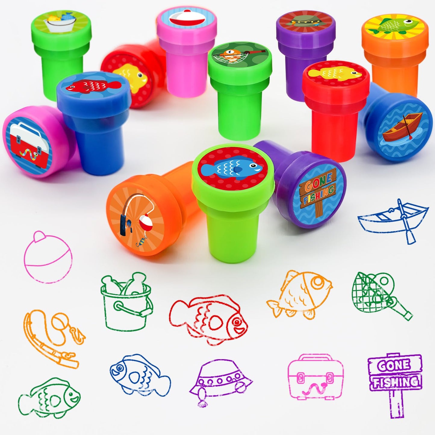 Cinrobiye 24 PCS Gone Fishing Party Stampers,Summer Fishing Birthday Favors for Boys Girls, Little Fisherman Party Supplies, Cla