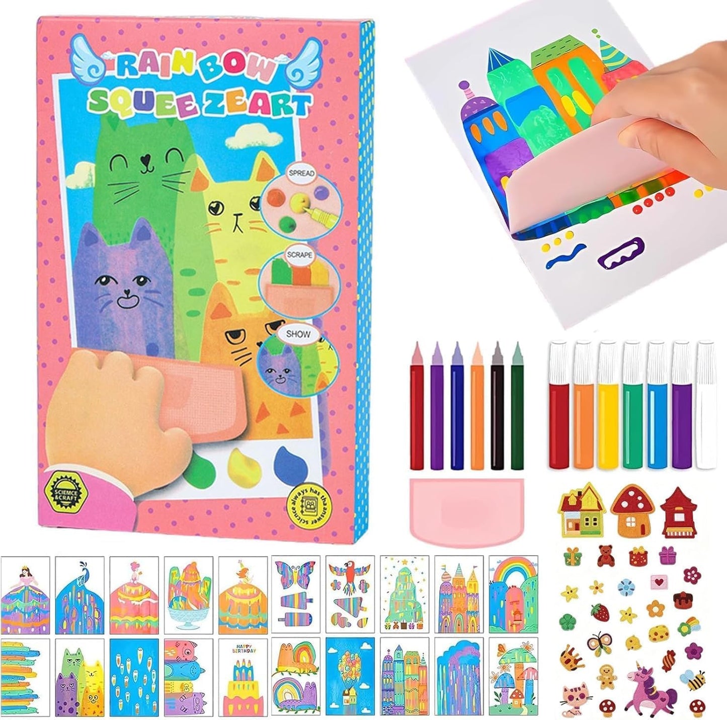 Style Keepers Magic Rainbow Scratch Paper Art Set, Creative Squeegee Painting Kit, Rainbow Squeeze Art Kit, Diy Postcards Scratc