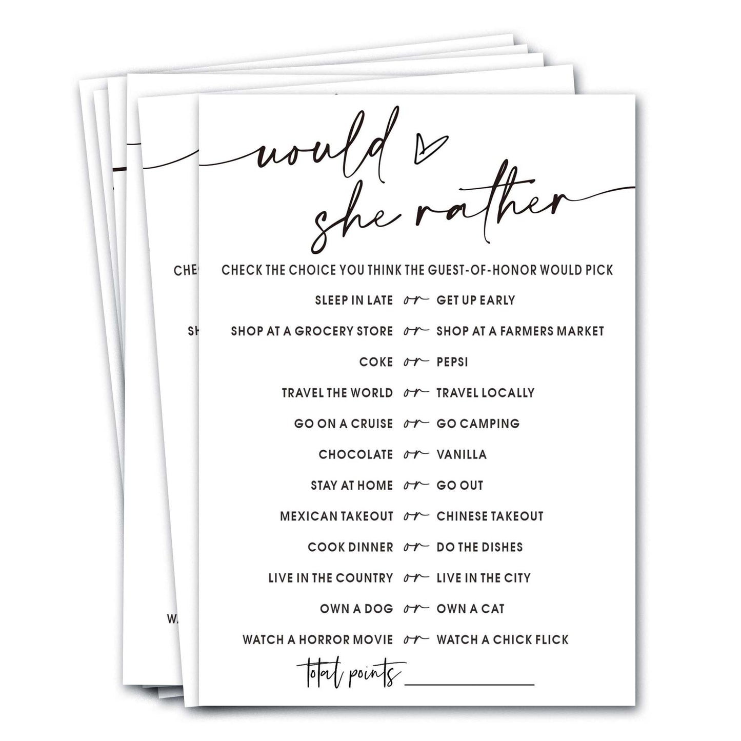 Wedding Shower Games Cards, Would She Rather Bridal Shower Game For 25 Guests, Engagement Party Wedding Games For Guests, Minima