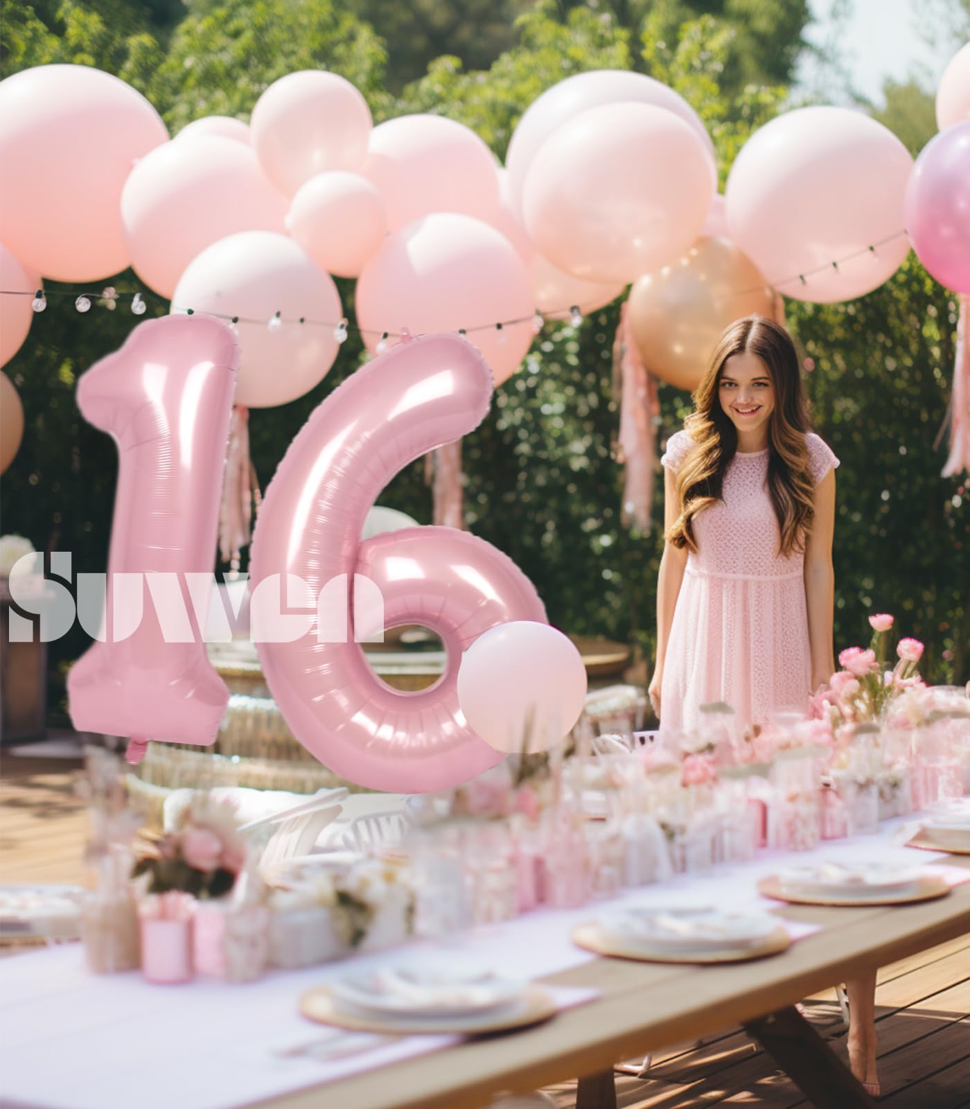Suwen 40 Inch Pink Large 16 Number Balloons Big Foil Helium Number Balloons 0-9 Jumbo Happy 16Th Mylar Birthday Party Decoration