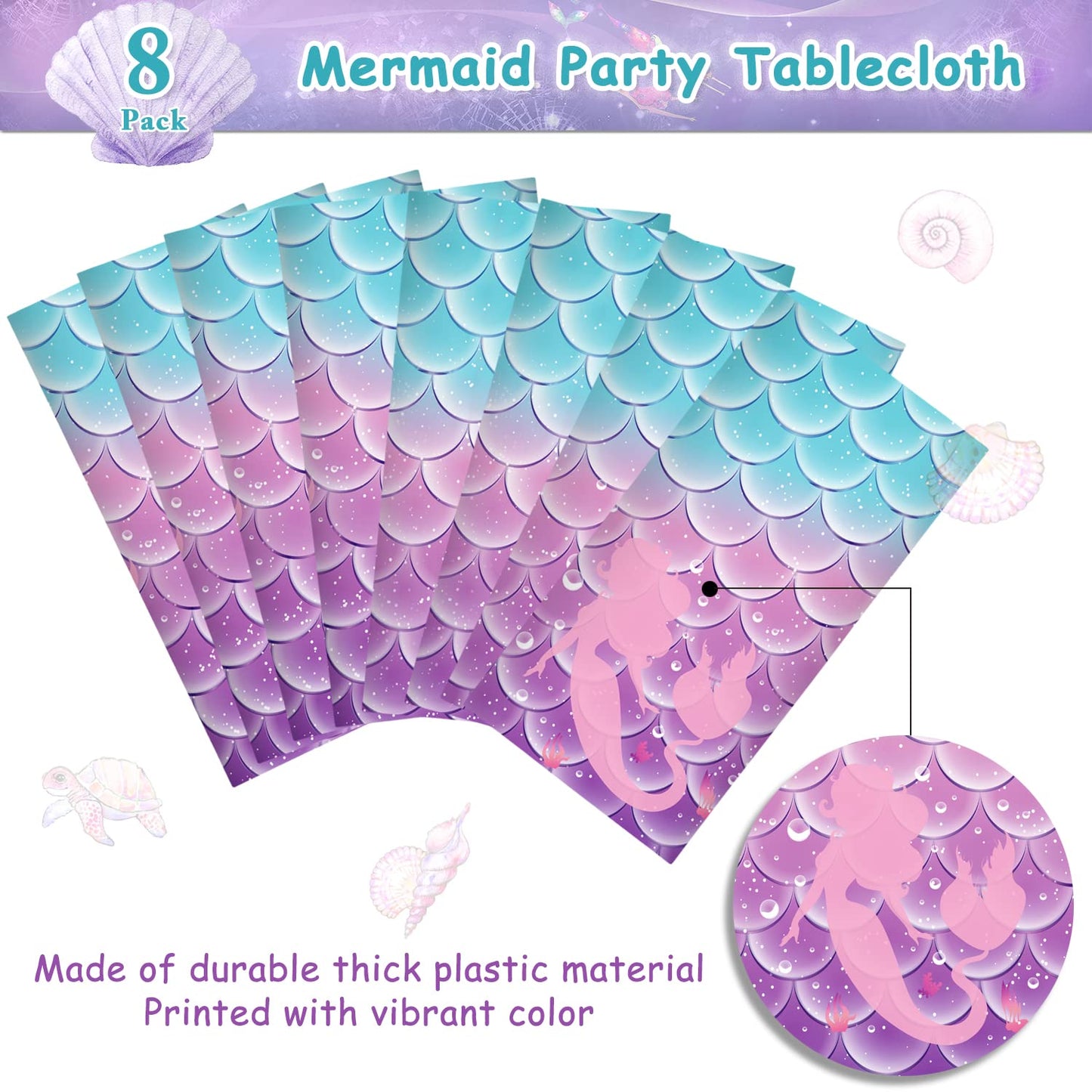 8Pcs Mermaid Birthday Party Favors Mermaid Tablecloth Decorations Disposable Plastic Table Cover For Princess Under The Sea Baby
