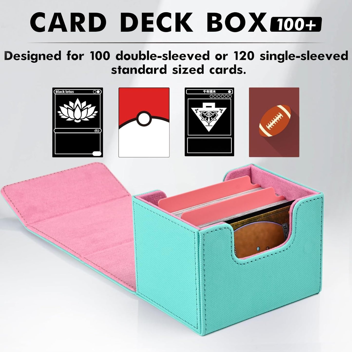 Zlca Card Deck Box For Trading Cards, Mtg Commander Deck Box Holds 120+ Single Sleeved Cards, Leather Magnetic Card Storage Box Fits For Tcg Ccg Magic Cards (Turquois& Pink)