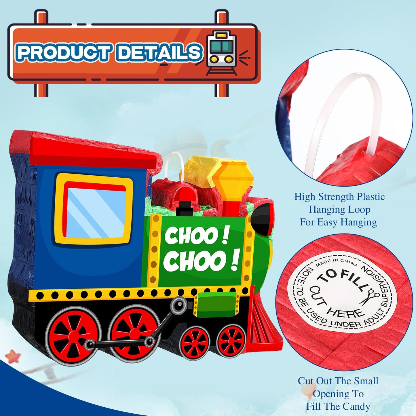 Shappy 3D Train Piñata Red Motorcycle Piñata Small Race Car Birthday Decor With Blindfold Stick Confetti Railroad Bike Car Party Decorations For Racing Theme Birthday Favors Supplies(Train)