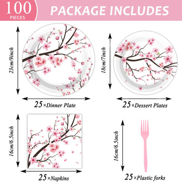 Qyeahkj 100 Pcs Cherry Blossom Party Supplies Set Cherry Blossom Plates And Napkins Birthday Party Tableware Packs Decorations C