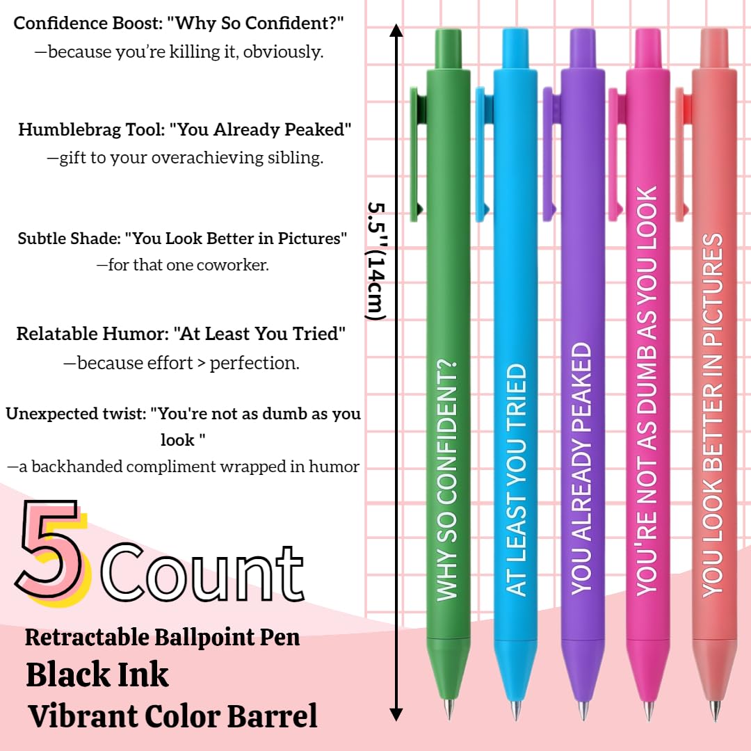 Jxueych 5pcs Sassy AF Aggressive Compliment Pens | Stop Boring Pens | Hilarious Office Prank Gifts for Colleagues  Friends  or Secret Santa