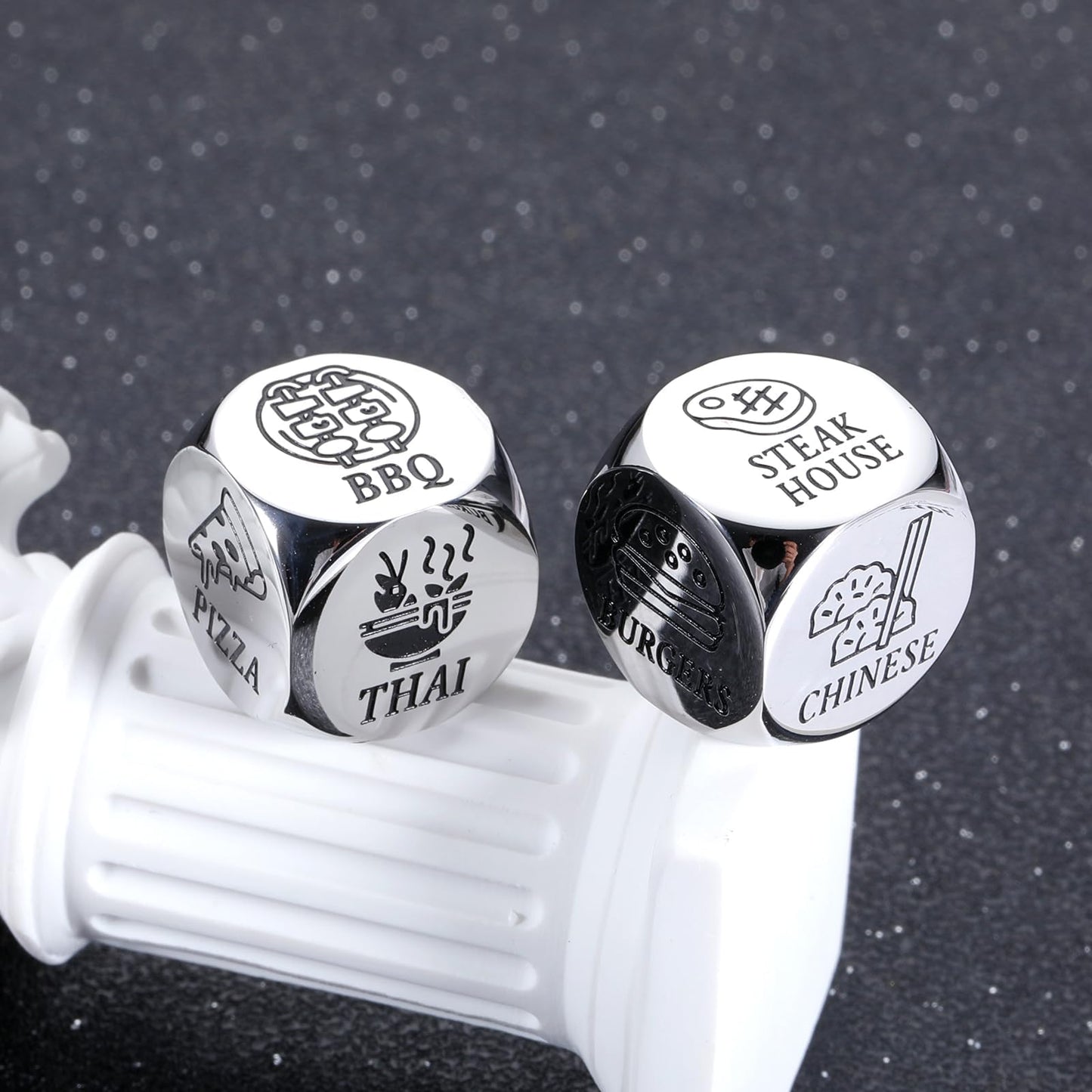 JEWGLO Date Night Dice Set, Stainless Steel, Small, Silver - Fun Valentine's Gift for Couples, Food Decision Dice, Anniversary Ideas
