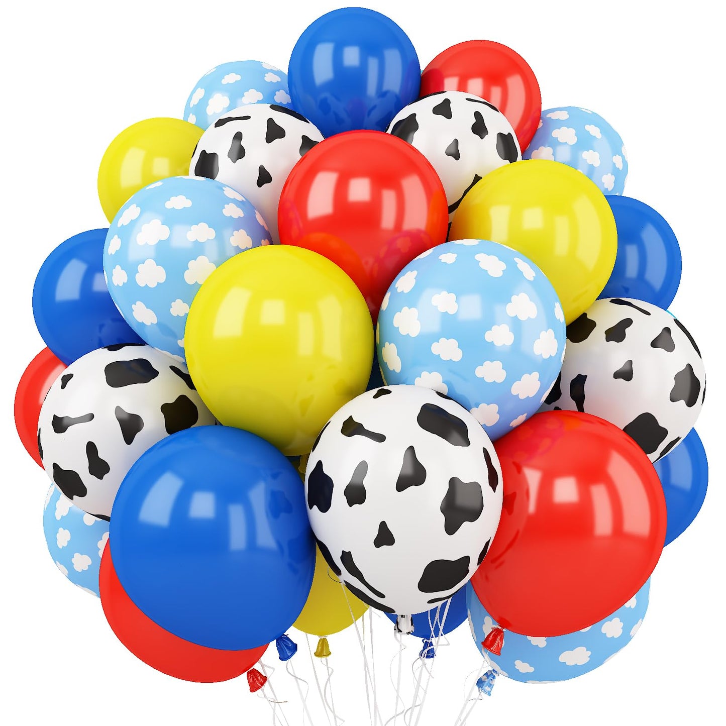 Toy Birthday Theme Balloons, 12 Inch Red Blue Yellow Balloons With Cow Print And Sky Blue Cloud Balloons For Kids Boys Cartoon S