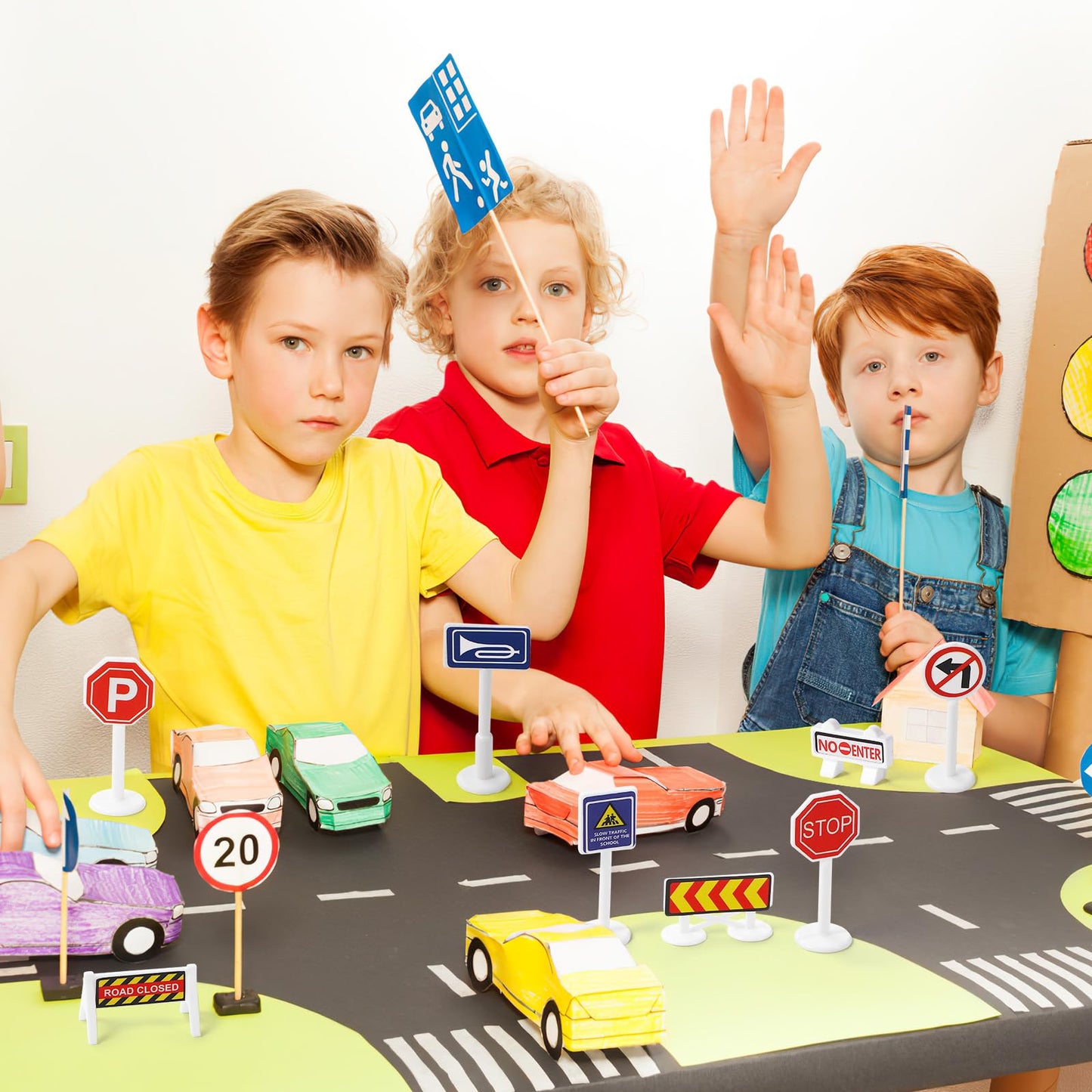 Toddmomy 56Pcs Traffic Road Signs Playset Street Signs, Mini Traffic Cones Crosswalk Signal Toys Traffic Lights for Children Saf