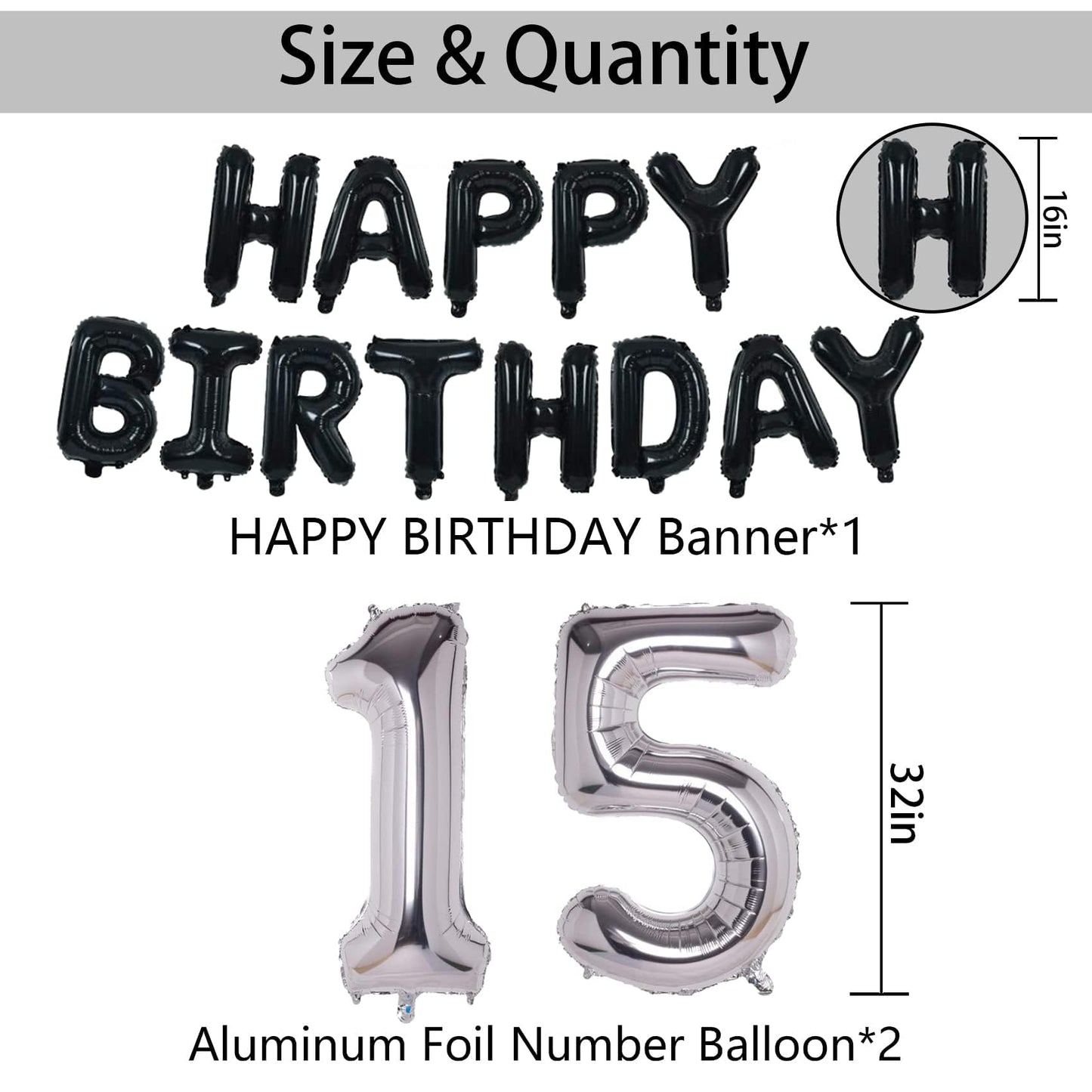 Naninuneno 15Th Black Silver Birthday Party Decorations For Boys Girls, Happy 15 Birthday Party Supplies With Black Happy Birthd
