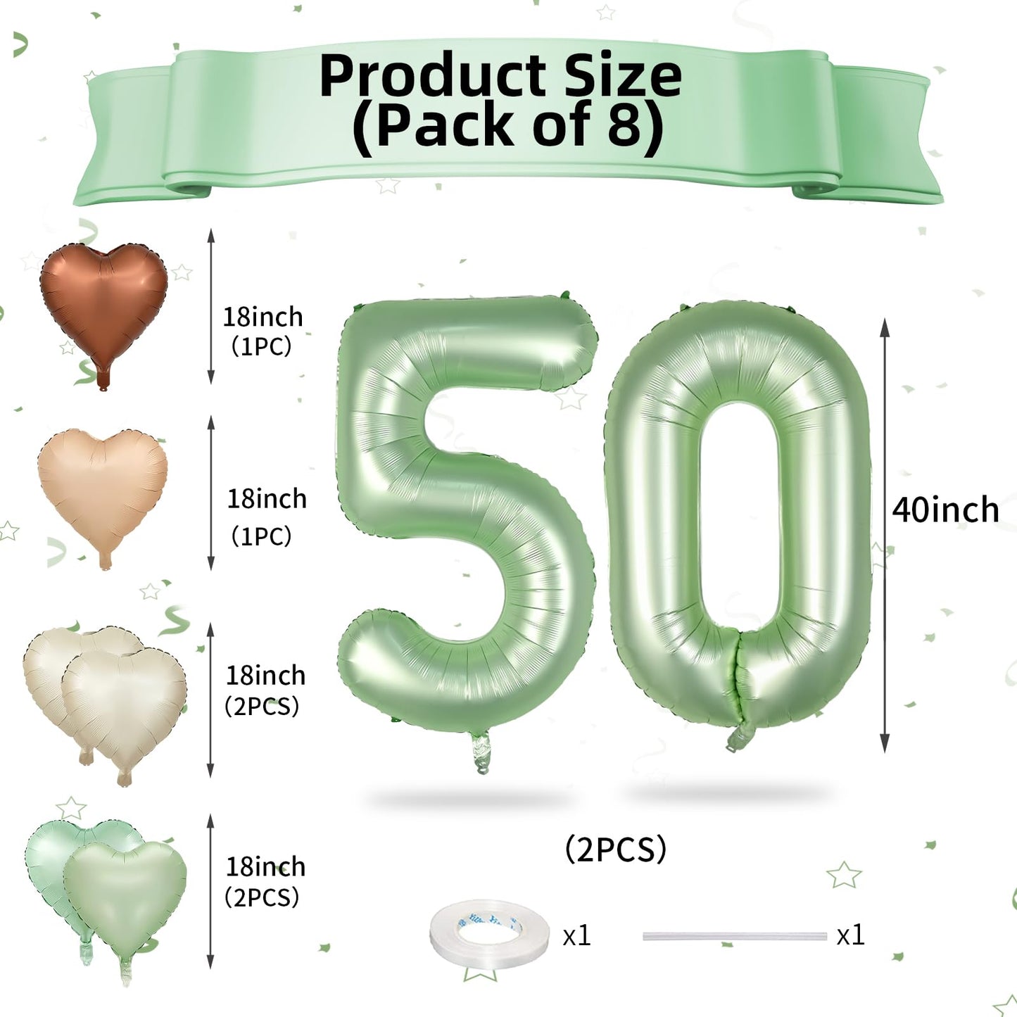 Biapian 40 Inch Sage Green Number 50 Balloons, Large Foil Number 5 & 0 Balloons With 18'' Olive Green Heart Balloon For 50Th Yea