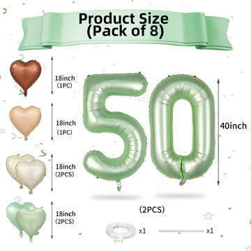 Biapian 40 Inch Sage Green Number 50 Balloons, Large Foil Number 5 & 0 Balloons With 18'' Olive Green Heart Balloon For 50Th Yea