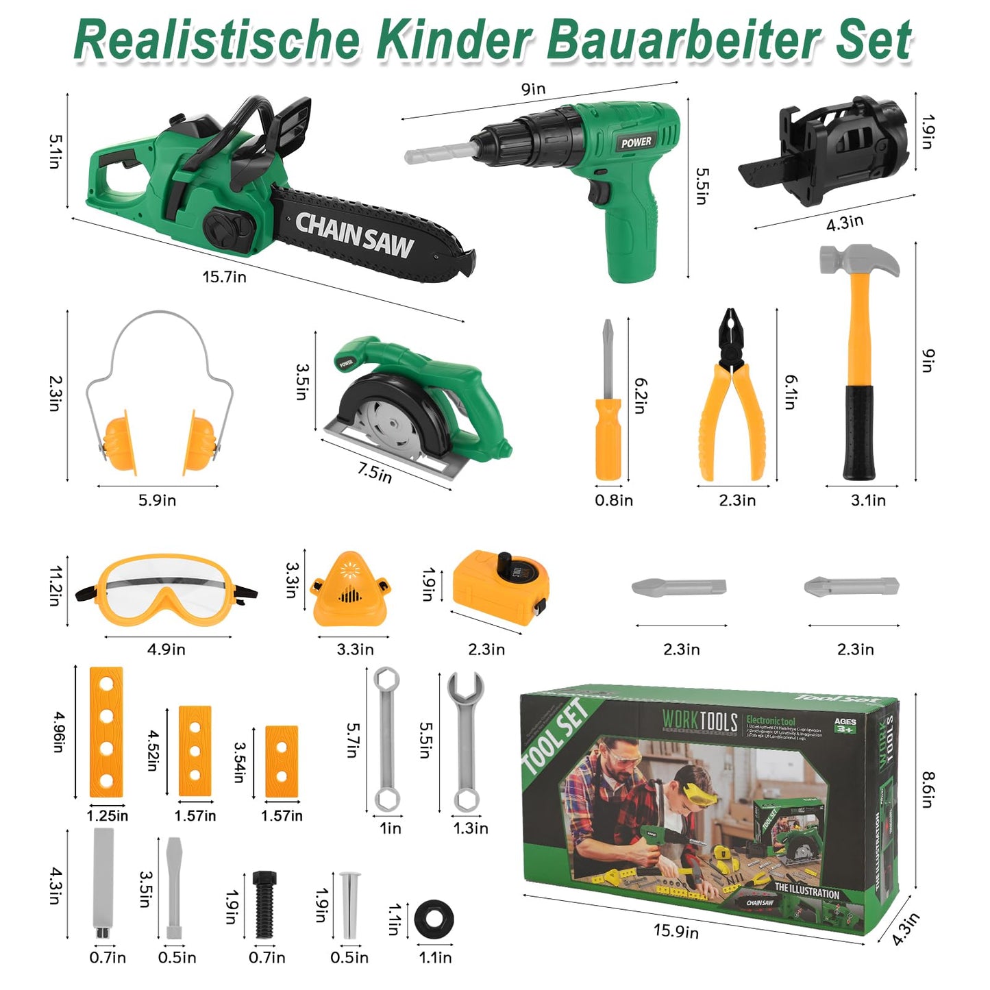 Mathea Kids Tool Set, Toddler Tool Set, Pretend Play Kids Construction Drill Toys for Kids with Electronic Chainsaw Toys & Kid D