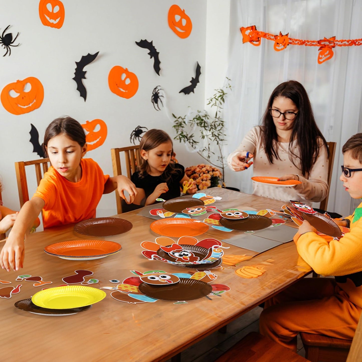 Funnymoom 24 Sets Thanksgiving Turkey Craft Kit for Kids, Thanksgiving DIY Plate Craft Make a Turkey Arts Fall DIY Plate Kit for