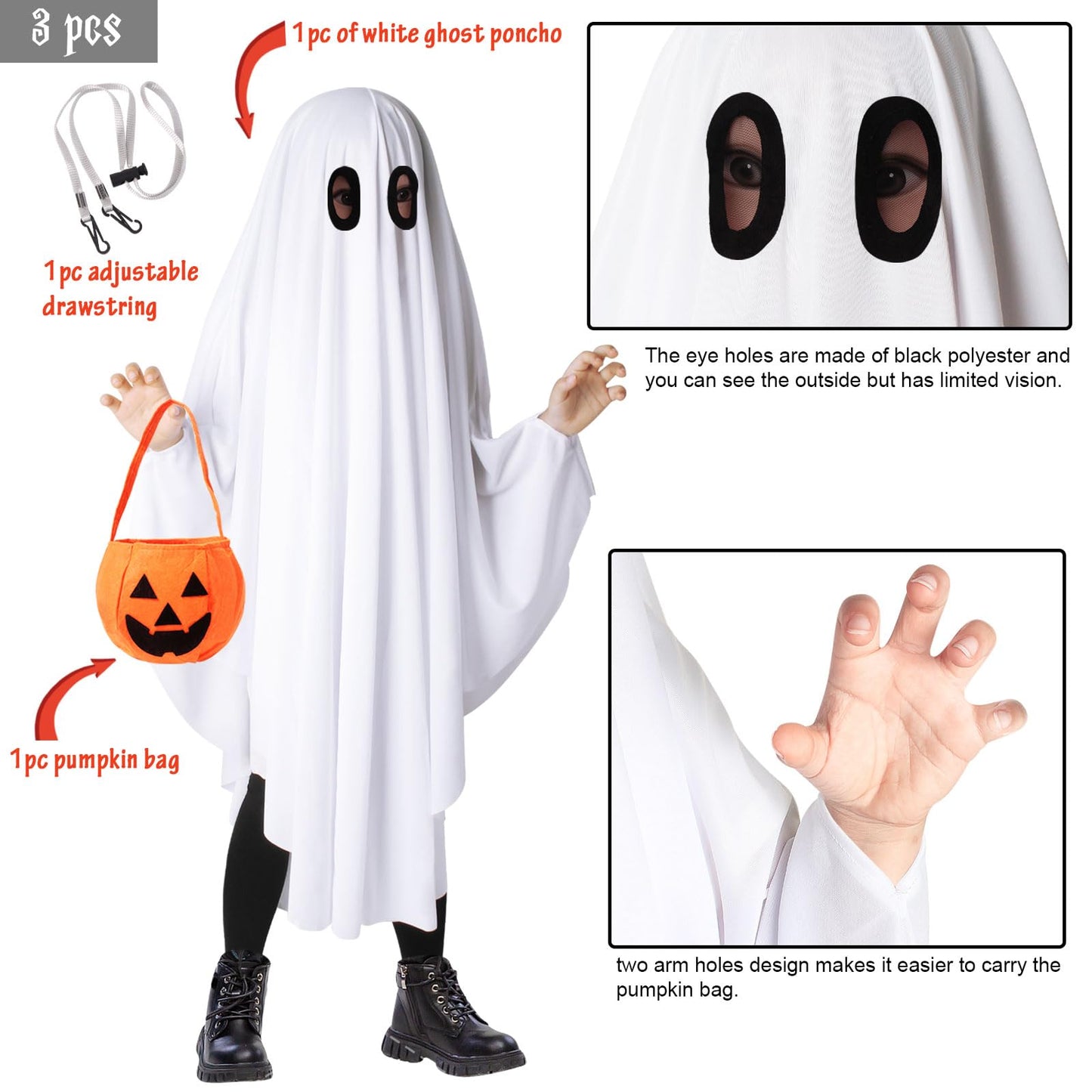 Oskiner Ghost Costume For Kids,White Ghost Costume With Pumpkin Bag, Spooky Halloween Costume For Boys Girls Toddler