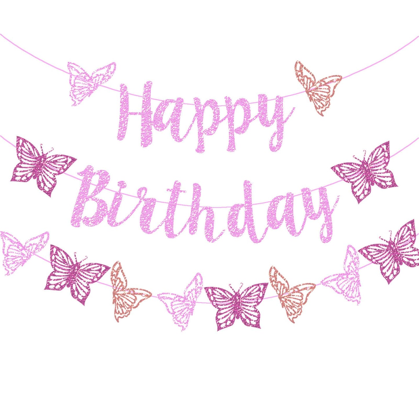 Butterfly Birthday Decorations Pink Glitter Butterfly Happy Birthday Party Banner for Spring Butterfly Themed Gender Reveal Baby