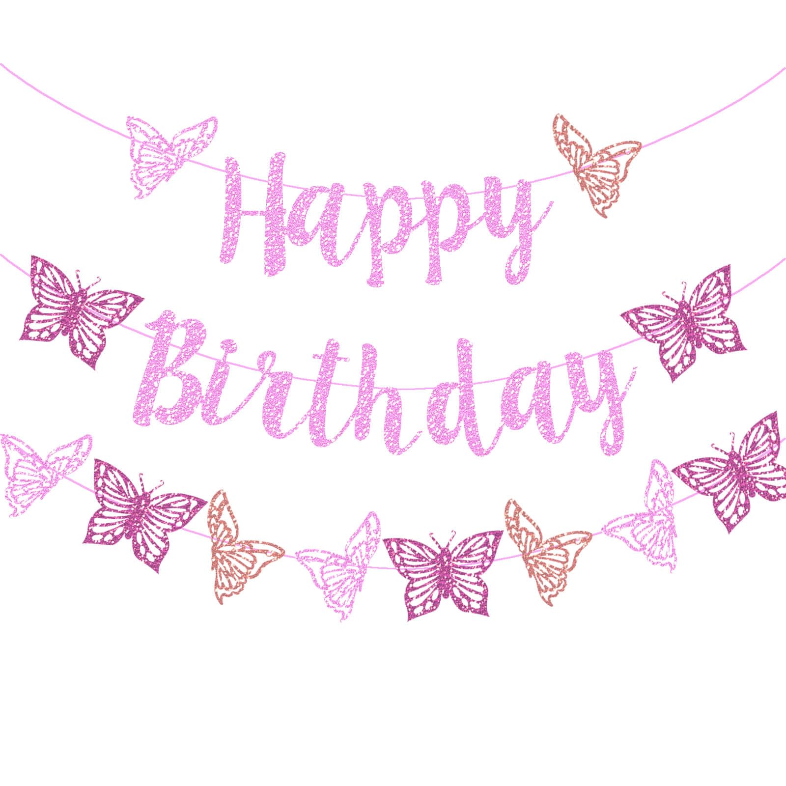 Butterfly Birthday Decorations Pink Glitter Butterfly Happy Birthday Party Banner for Spring Butterfly Themed Gender Reveal Baby
