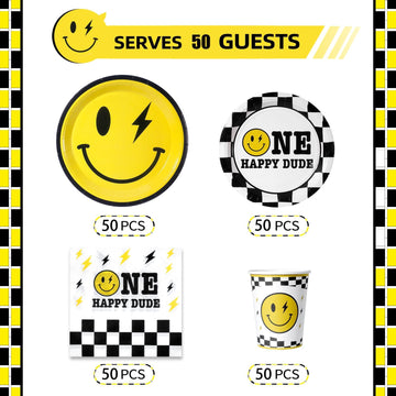 200Pcs One Happy Dude Birthday Plates Yellow Smile Face Party Plates One Happy Dude Paper Plates Cups Napkins Decor Disposable P