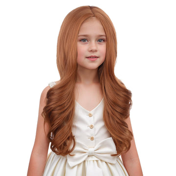 Duduwig Dark Orange Wig Kids Girls Long Orange Middle Part Wigs Children Ginger Wavy Curly Wig Synthetic Hair Wigs Hair Net Incl