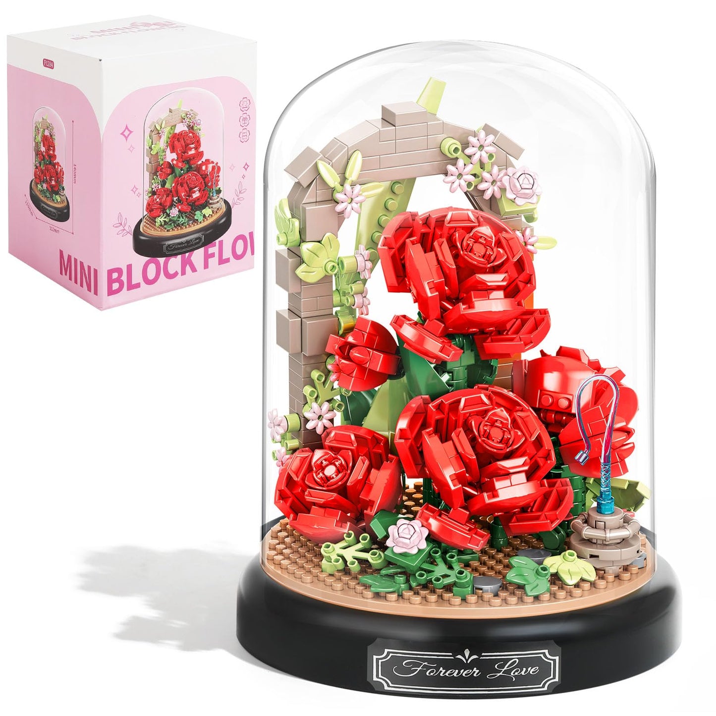 Plintone Blooming Red Roses Building Set For Adults, 574 Pcs Botanical Collection With Dust Cover, Romantic Rose Bouquet Bonsai