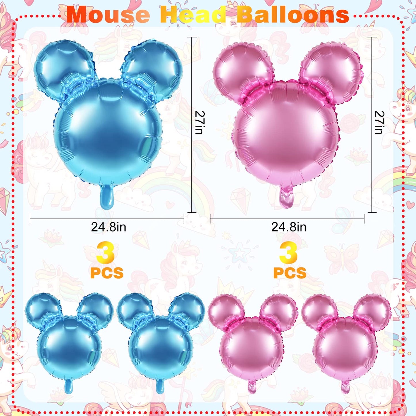 6 Pcs Mouse Head Balloons, 24'' Mouse Mylar Balloon Jumbo Mouse Head Aluminum Foil Balloons For Birthday Party Decorations Baby Shower Supplies Party Favors (Pinkblue)