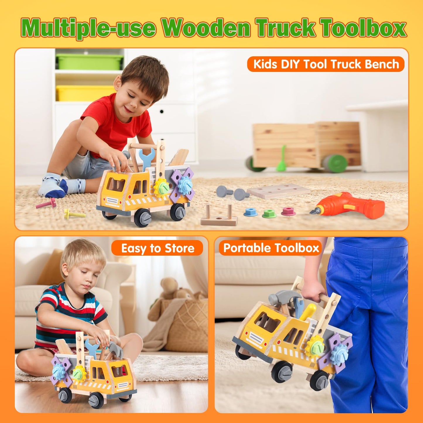 Aliex 38PCS Kids Wooden Truck Tool Set with Toy Drill for Toddlers Ages 3 4 5 6,Montessori STEM Educational Learning Constructio