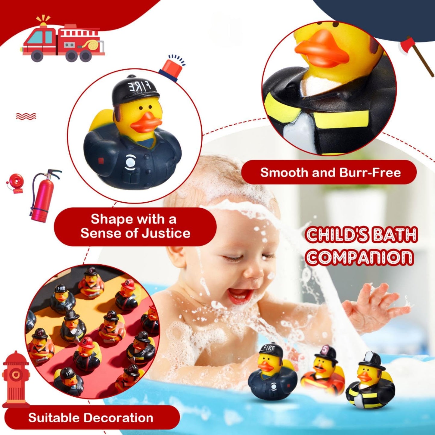 DEEKIN Fireman Rubber Duck 2 Inch Firefighter Hero Ducks Fighter Hero Bath Toy for Firefighter Theme Birthday Party Favors Beach